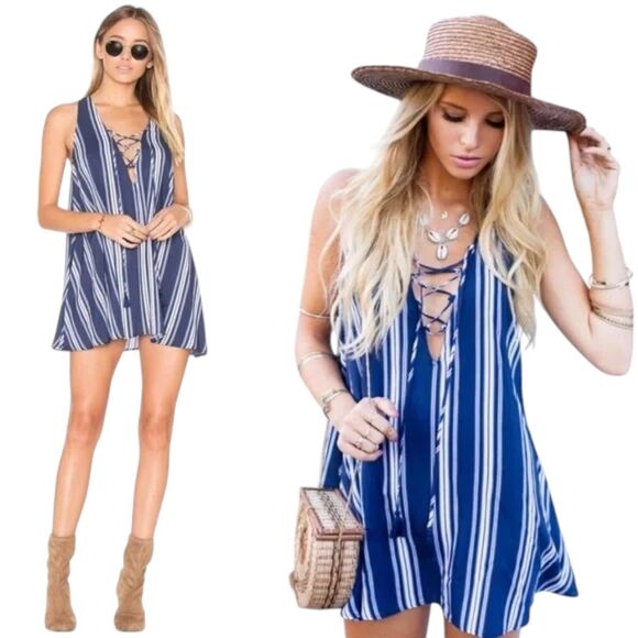 SHOW ME YOUR MUMU Rancho Mirage Tunic Dress Size Medium Lace Up Navy Blue Stripe - Picture 1 of 14